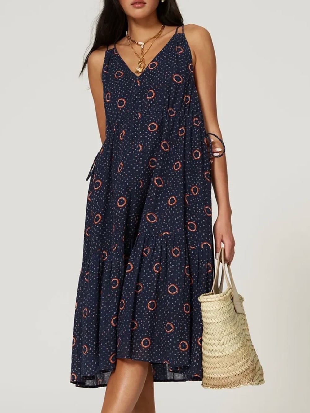 Apiece Apart Daphne Dress in Shibori Dot Midi Navy Blue Orange Womens Small